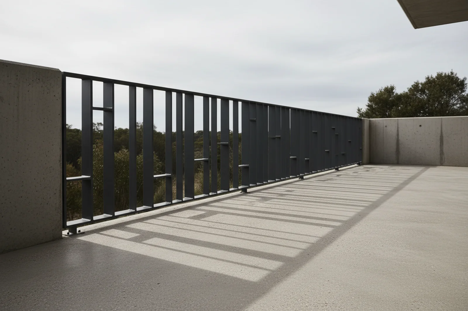 Powder coated charcoal steel balustrade on a concrete terrace in the Adelaide sun